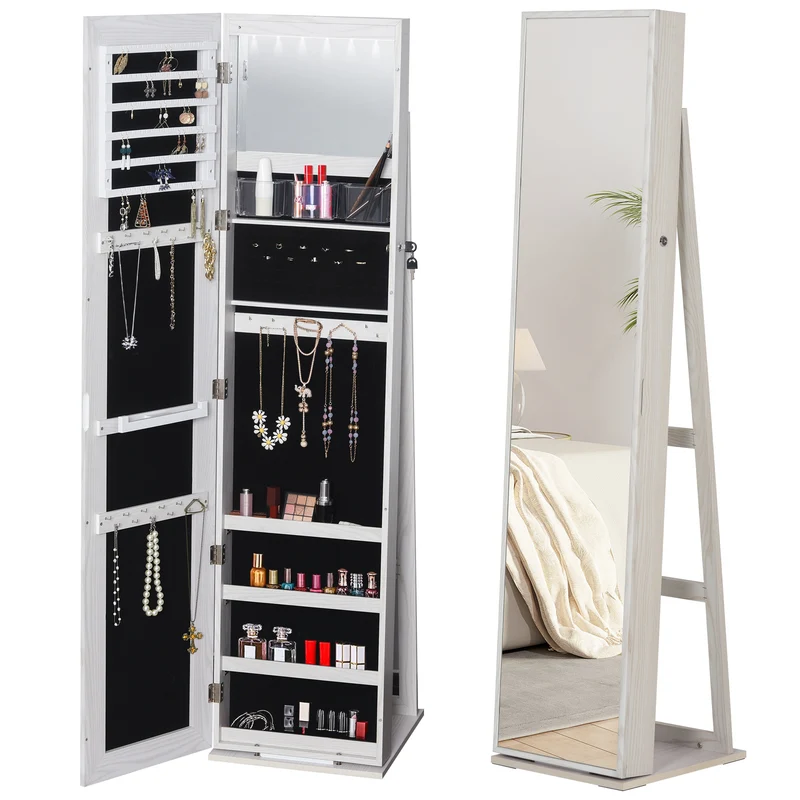 Specchio Portagioie da Terra a LED 15x15x61,75 cm con 4 Scaffali Struttura in Legno Bianco