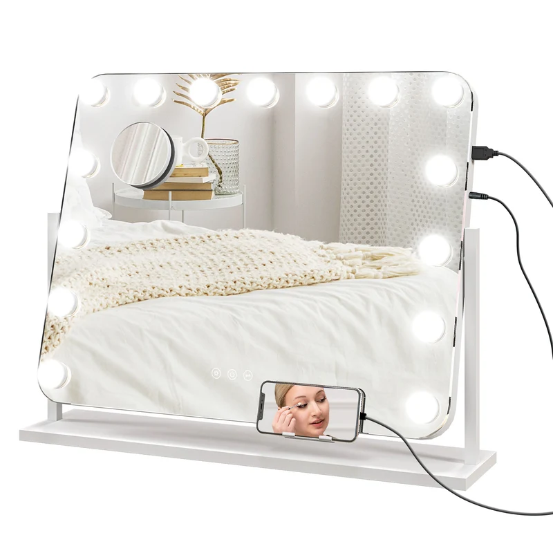 Specchio da Tavolo in Vetro con 14 Luci LED Regolabili e Ricarica USB 62,5x14x49,5 cm per Trucco Make up Bianco