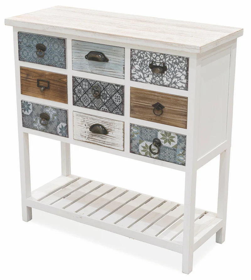 Consolle 9 Cassetti con Portaceste 80x32,5x82 cm in Legno Soriani Bianco Anticato