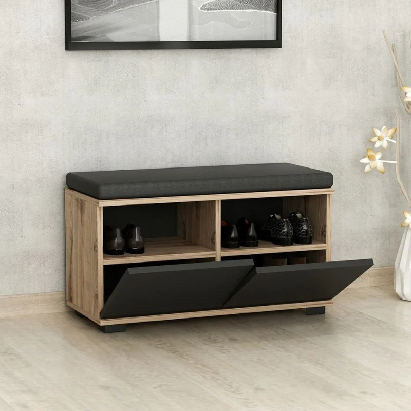 Scarpiera con pouff 80x35x42 cm Dragoshoe noce e nero