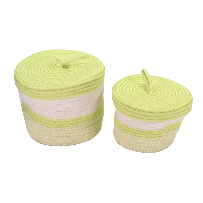 Set 2 Scatole in tessuto verde bianco tondo