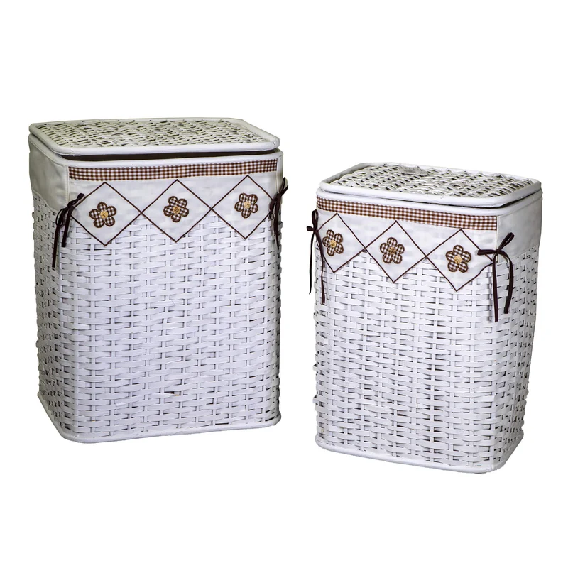 Set 2 Ceste Portabiancheria in rattan bianco fodera Claudio marrone rettangolare