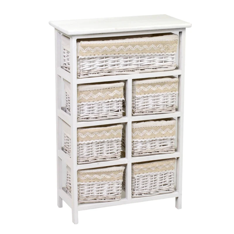 Cassettiera in Legno e Vimini 7 Cassetti 50x25H76,6cm Orietta Bianca