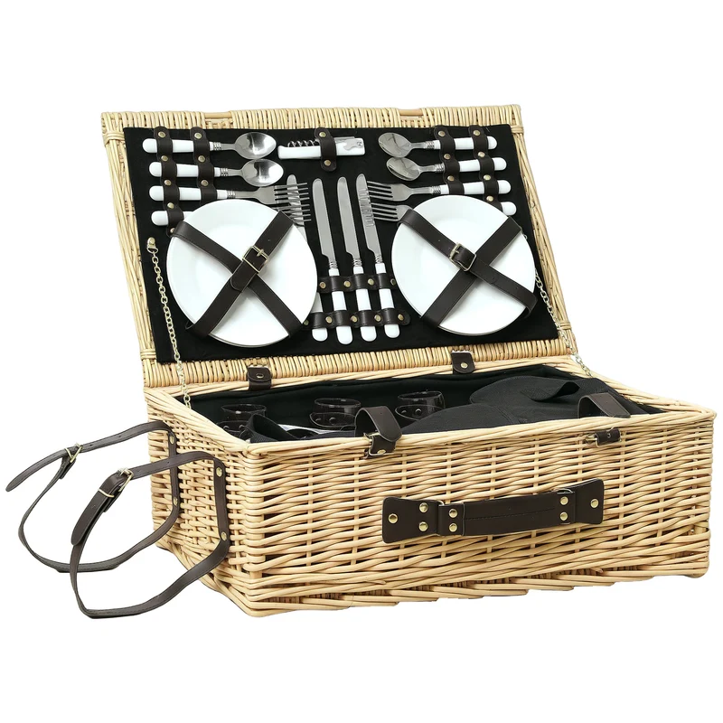 Cesta Valigetta da Pic Nic per 4 Persone 24 Pezzi in Vimini color Legno