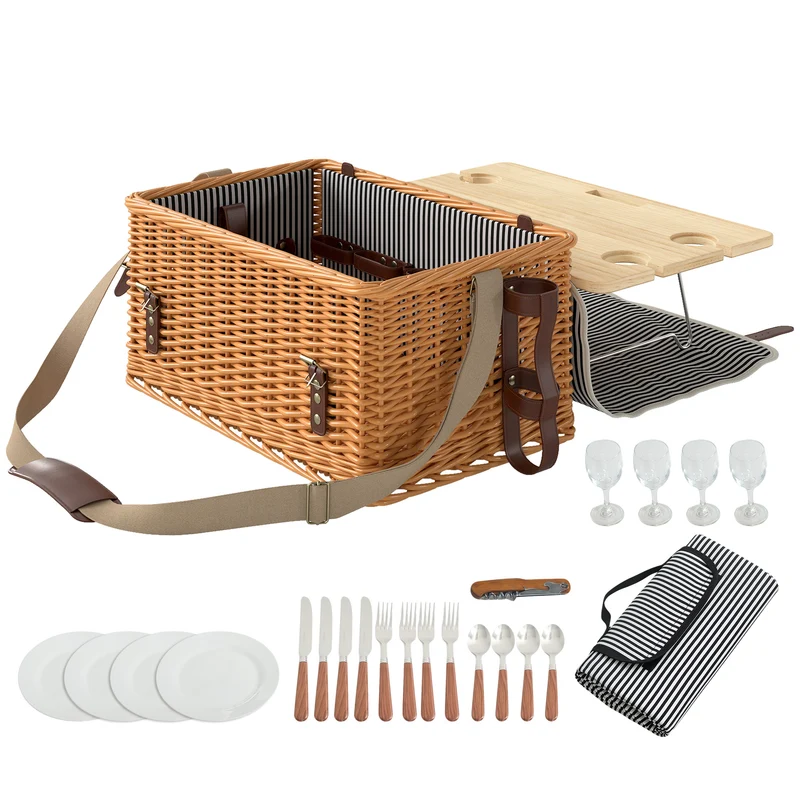 Cesta Valigetta da Pic Nic per 4 Persone 21 Pezzi in Vimini Marrone Chiaro