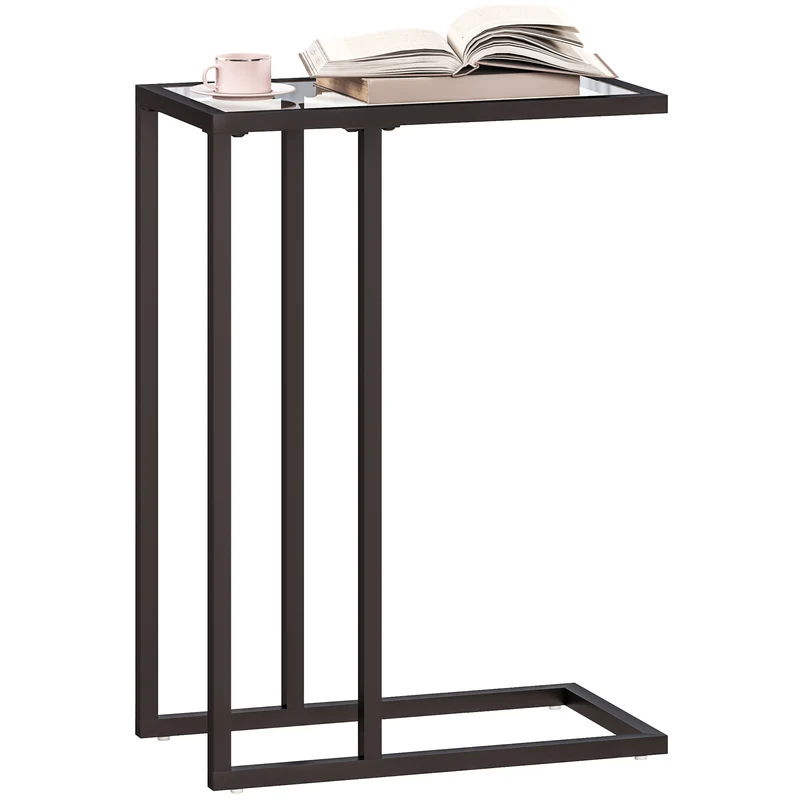 Tavolino da Salotto a Forma di C 46x25x63,5 cm in Vetro e Acciaio Nero