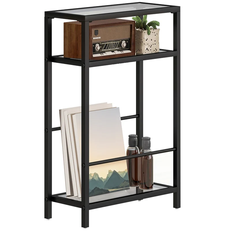 Tavolino da Salotto 40x18x62 cm Design Compatto 3 Ripiani in Vetro e Acciaio Nero