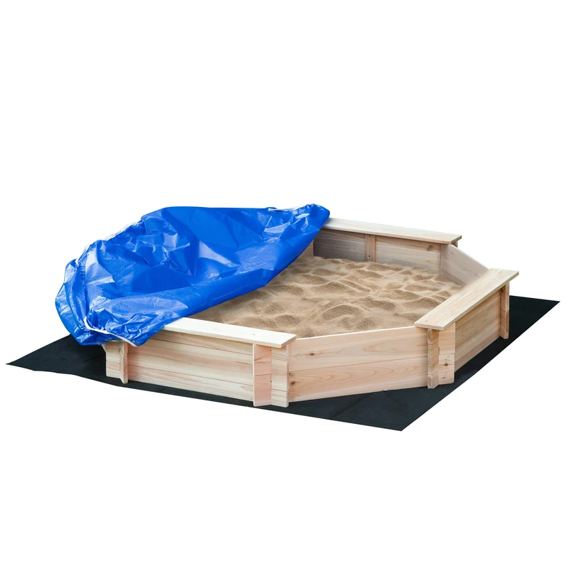 Sabbiera per Bambini 139,5x139,5x21,5cm con 4 Sedute Angolari e Copertura in Legno di Abete