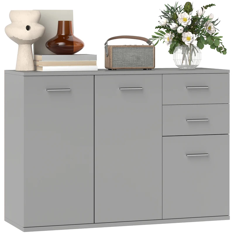 Credenza Moderna 106x35x76 cm con 3 Armadietti e 2 Cassetti Grigio Chiaro