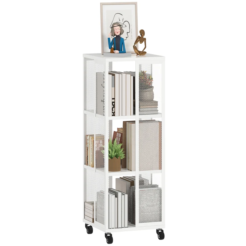Libreria Moderna a 3 Ripiani 35x35x99 cm con Ruote in Metallo a Rete Bianco