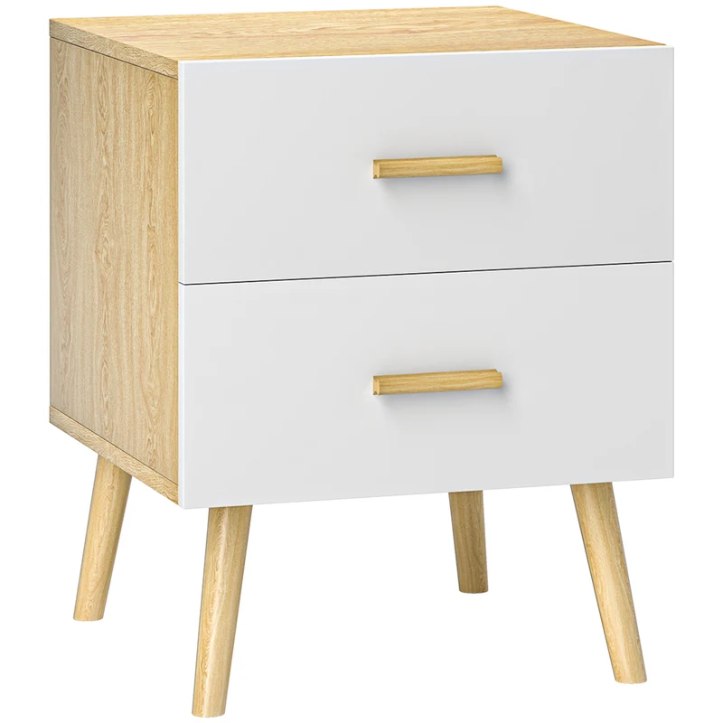 Comodino in Stile Scandinavo 40x40x50 cm con 2 Cassetti in Legno Bianco