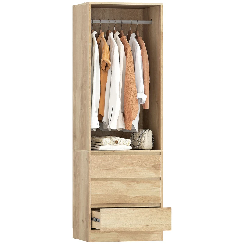 Armadio Guardaroba Aperto con Asta Appendiabiti e 3 Cassetti 60x48,5x185 cm color Teak