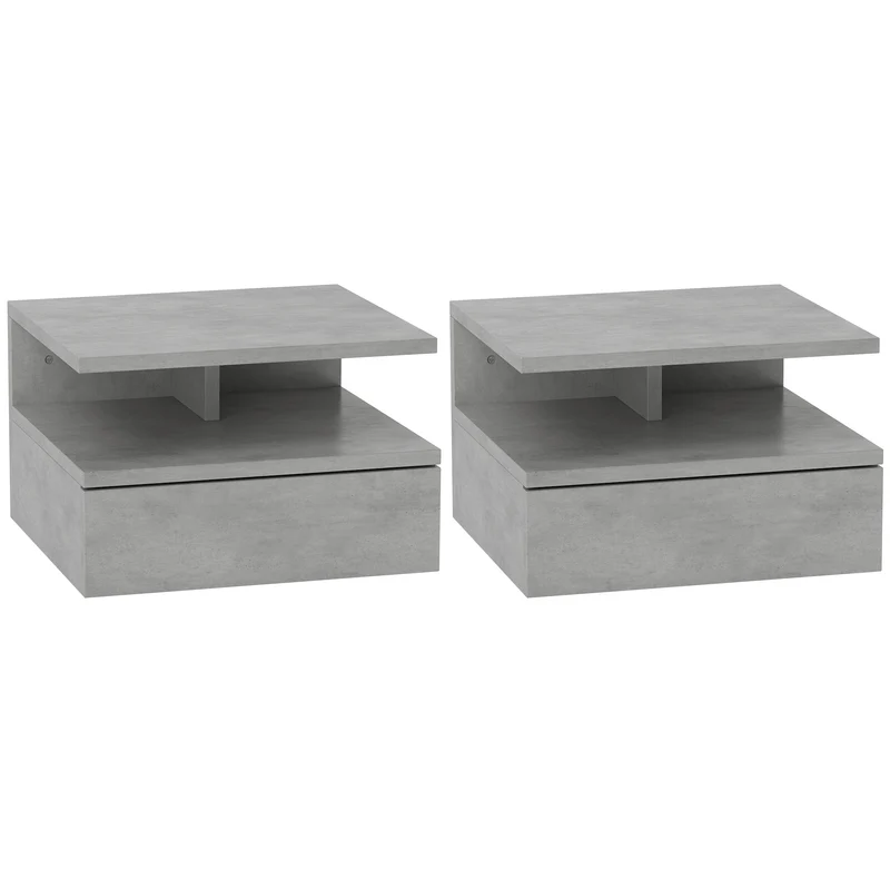 Set 2 Comodini Sospesi per Camera da Letto 35x32x22,5 cm con Cassetto in Legno Grigio