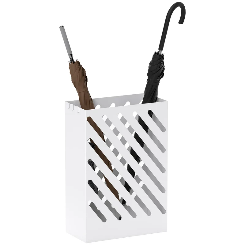 Portaombrelli di Design 28x14x41 cm con Vaschetta Raccogli Gocce e 4 Ganci in Metallo Bianco