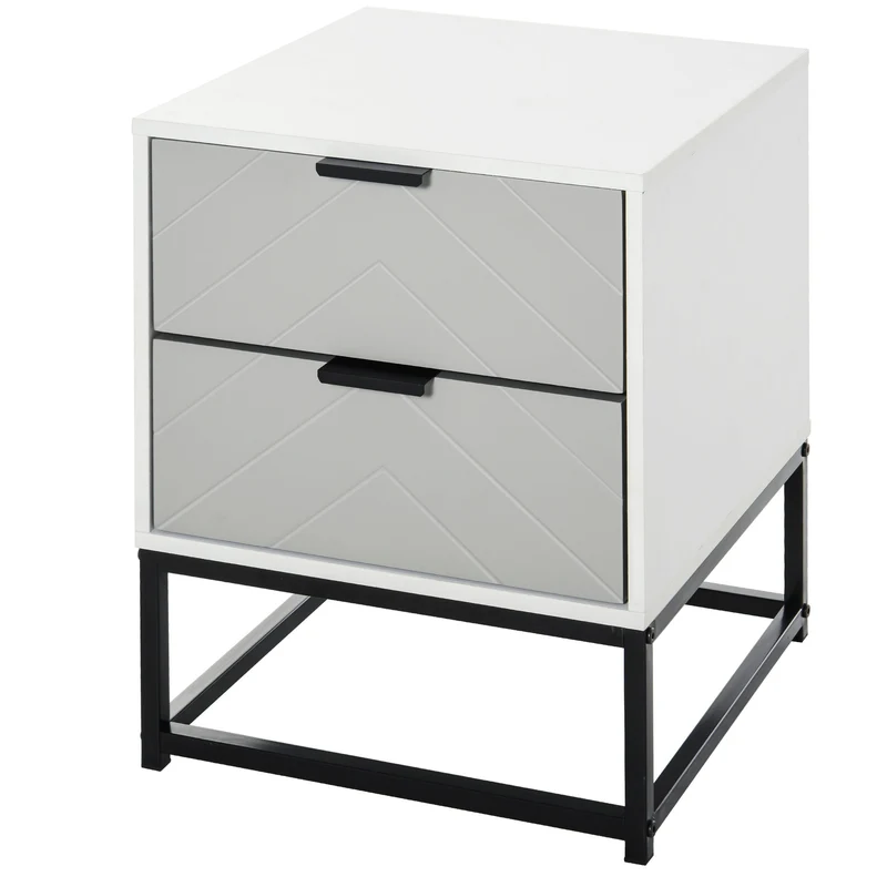 Comodino 39,5x40x48 cm 2 Cassetti in MDF e Acciaio Bianco e Grigio