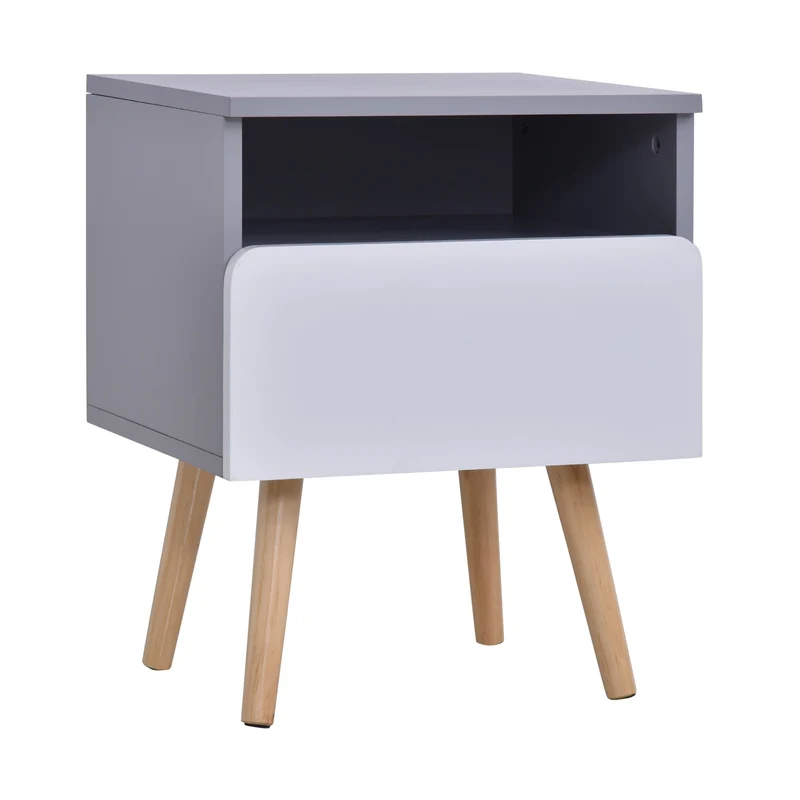 Comodino 1 Cassetto 40x34,3x50 cm in Legno MDF Grigio e Bianco