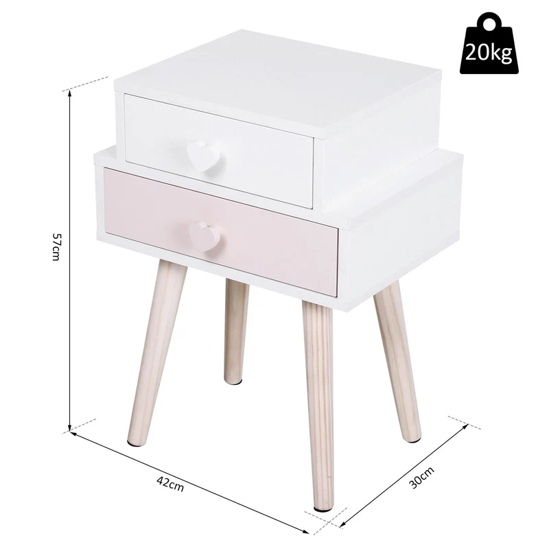 Comodino con 2 Cassetti in Legno MDF 42x30x57 cm Bianco e Rosa