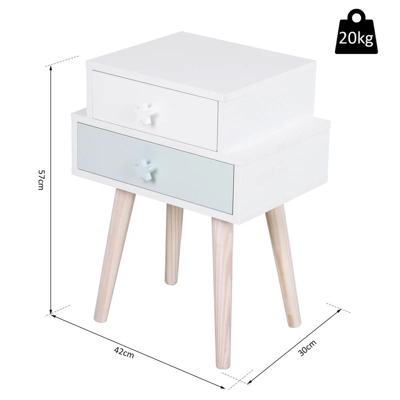 Comodino con 2 Cassetti in Legno MDF 42x30x57 cm Bianco e Blu