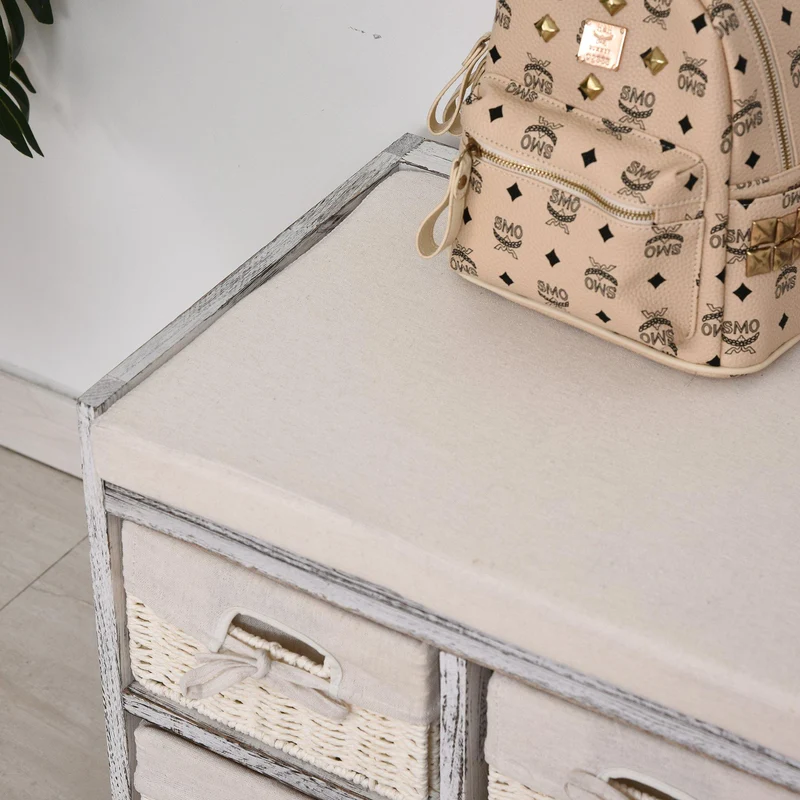 Cassettiera in Legno 80x37x45 cm con 5 Cassetti in Vimini Beige