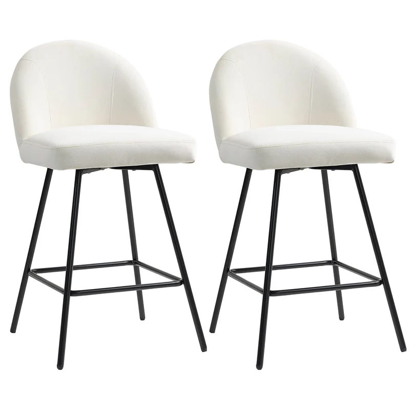 Set da 2 Sgabelli da Bar con Schienale 48,5x56x92 cm in Velluto Bianco Crema
