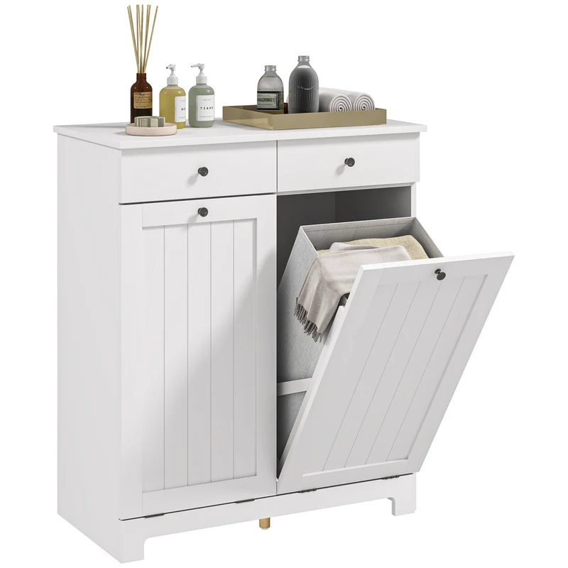Mobile Portabiancheria da Bagno 78x38x90 cm con 2 Ceste Rimovibili Cassetti e Ante a Ribalta Bianco