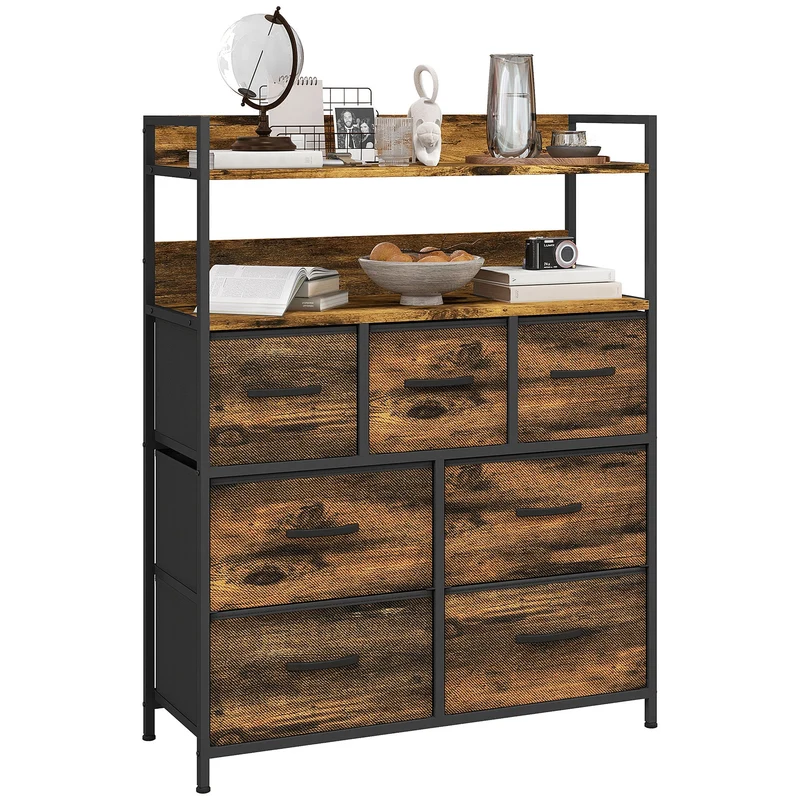 Cassettiera Stile Industriale con 7 Cassetti in Tessuto Rimovibili 79x29x101 cm Struttura in Legno e Acciaio Marrone e Nero