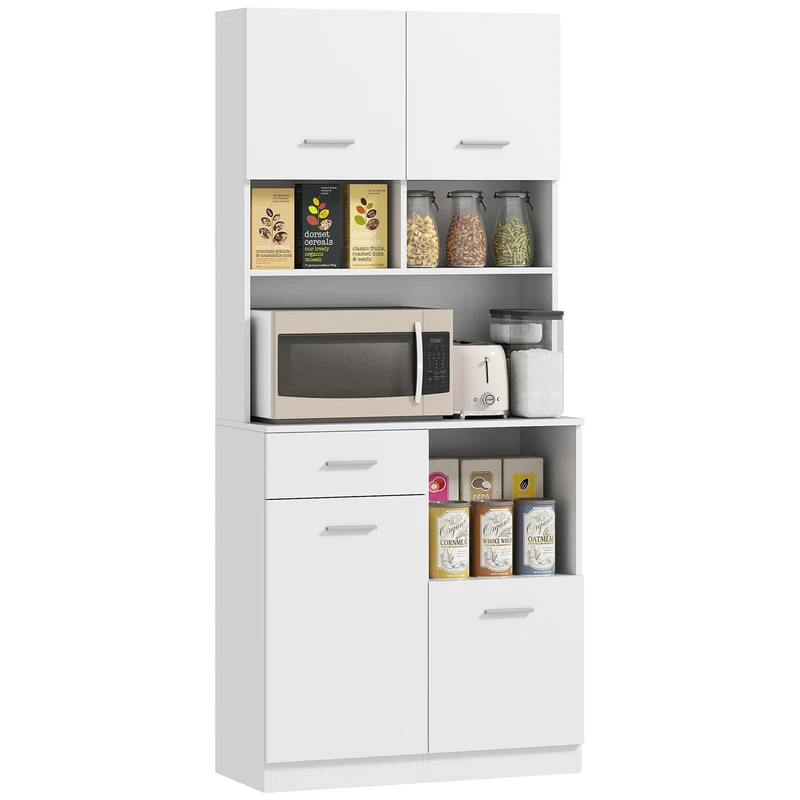 Mobile Dispensa da Cucina 80x35x180 cm 4 Armadietti 3 Ripiani e 1 Cassetto in Legno Bianco
