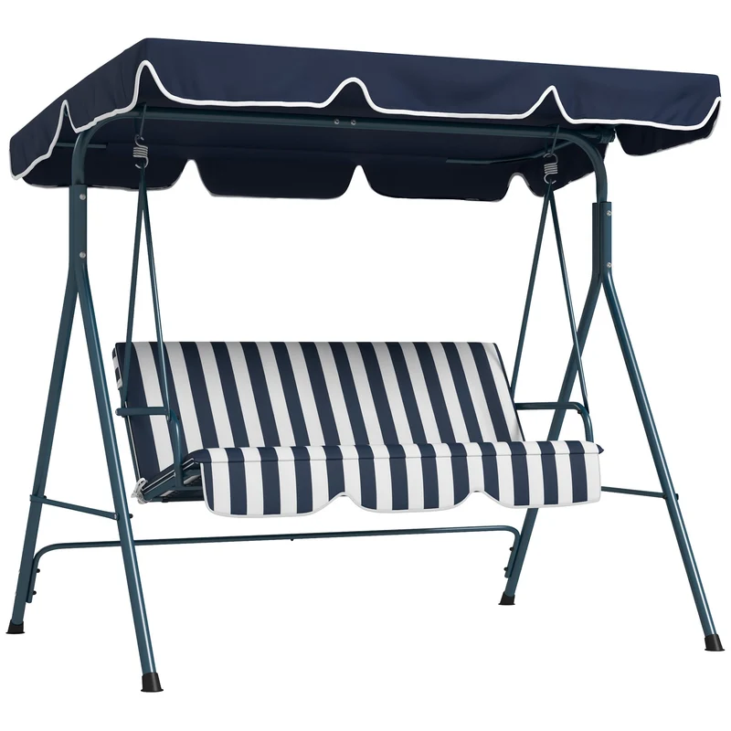 Dondolo da Giardino 3 Posti 172x110x153 cm con Tetto Parasole in Acciaio e Poliestere Bianco e Blu
