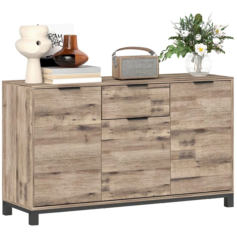 Credenza Buffet in stile Industriale 120x36.5x70 cm con Cassetto e 3 Armadietti in Legno Marrone