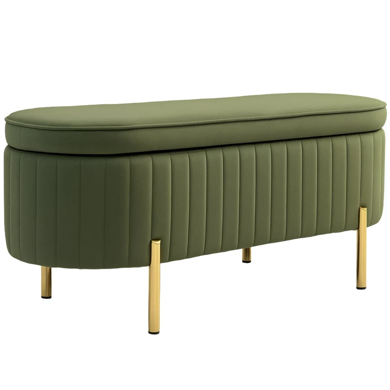 Panca Contenitore Ovale 108x44x43,5 cm da 72L in Tessuto Effetto Velluto Verde