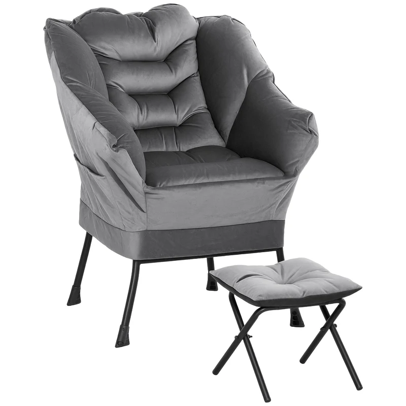 Poltrona Moderna 80x78x100 cm con 2 Tasche Laterali e Poggiapiedi in Tessuto Effetto Lino Grigio