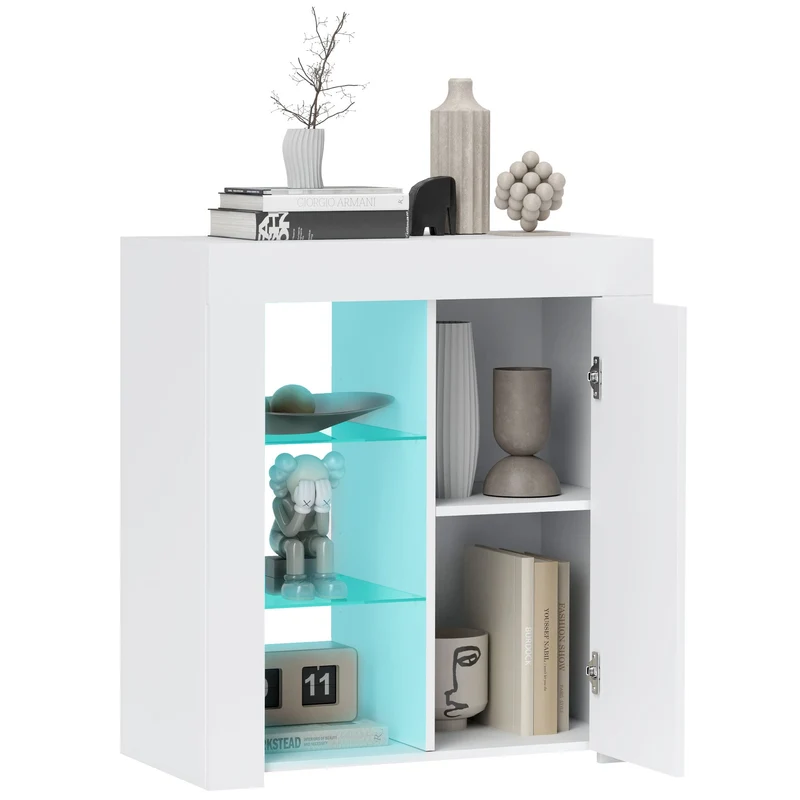 Mobile Contenitore a LED 75x40,1x83 cm 3 Ripiani Aperti e Armadietto in Legno e Vetro Bianco