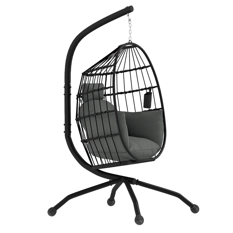Poltrona Sospesa Amaca a Uovo 120x88x192 cm con Gancio Regolabile in Acciaio Nero e Grigio