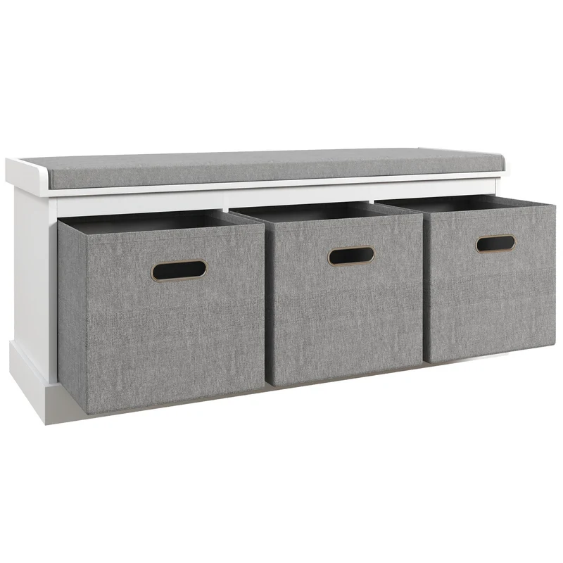 Panca Scarpiera 105x35x47 cm 3 Ceste e Seduta Imbottita in Legno Bianco e Grigio