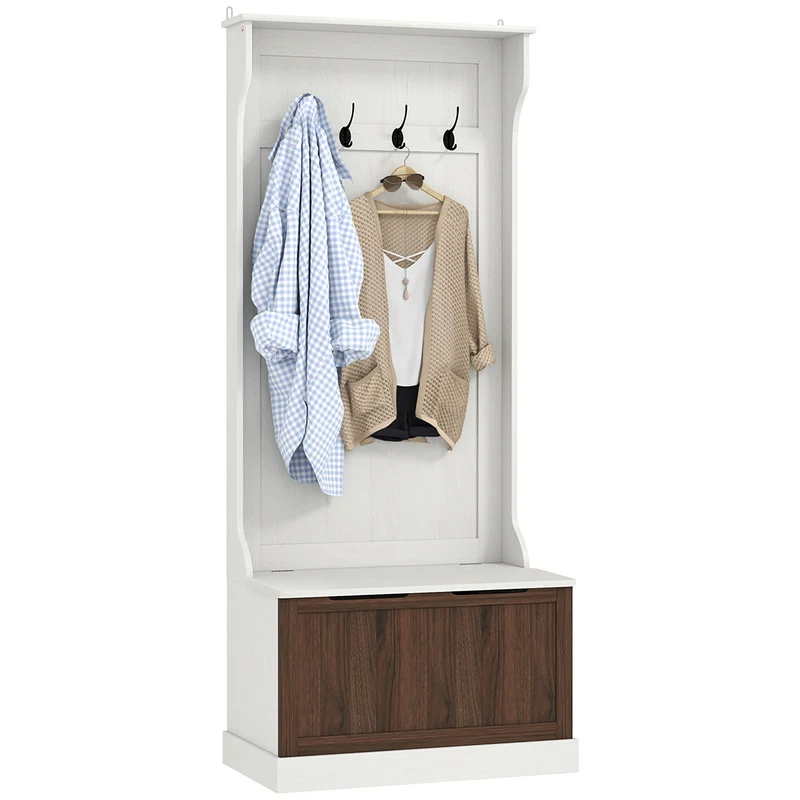 Mobile Appendiabiti 3 in 1 71,5x39,5x170 cm con 4 Ganci e Panca Contenitore in Legno Bianco