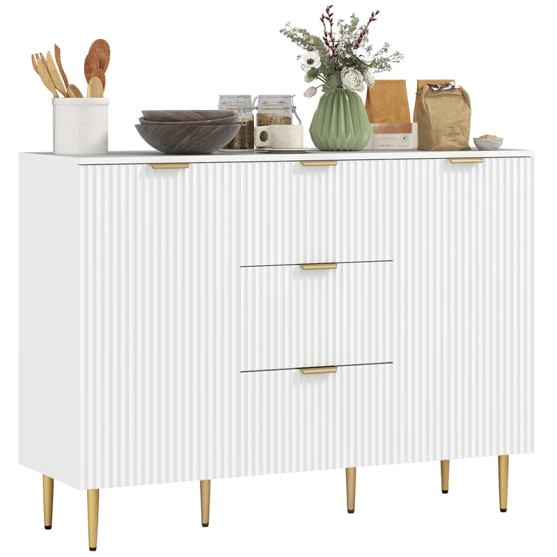 Credenza Moderna 120x40x89,5 cm con 3 Cassetti e 2 Armadietti in Legno e Metallo Bianco
