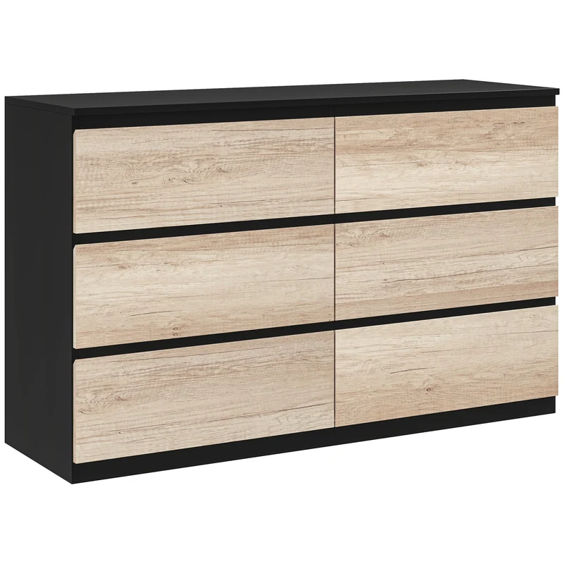 Comò Cassettiera 6 Cassetti 120x39x75 cm con Maniglie a Gola in Legno Nera e color Legno