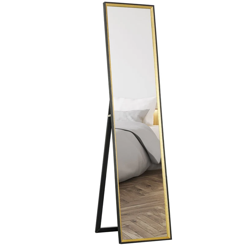 Specchio da Parete o da Terra Autoportante a Figura Intera 37x3x157 cm in Legno Nero e Oro