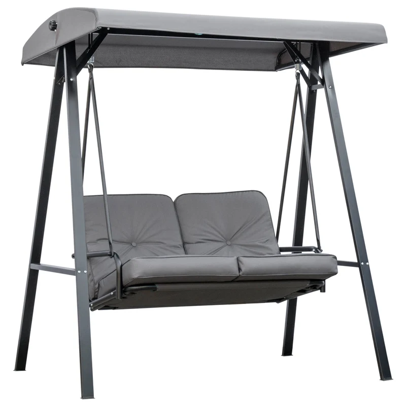Dondolo da Giardino 2 Posti 144x117x173 cm con Tettuccio Regolabile e Cuscini in Acciaio e Poliestere Grigio