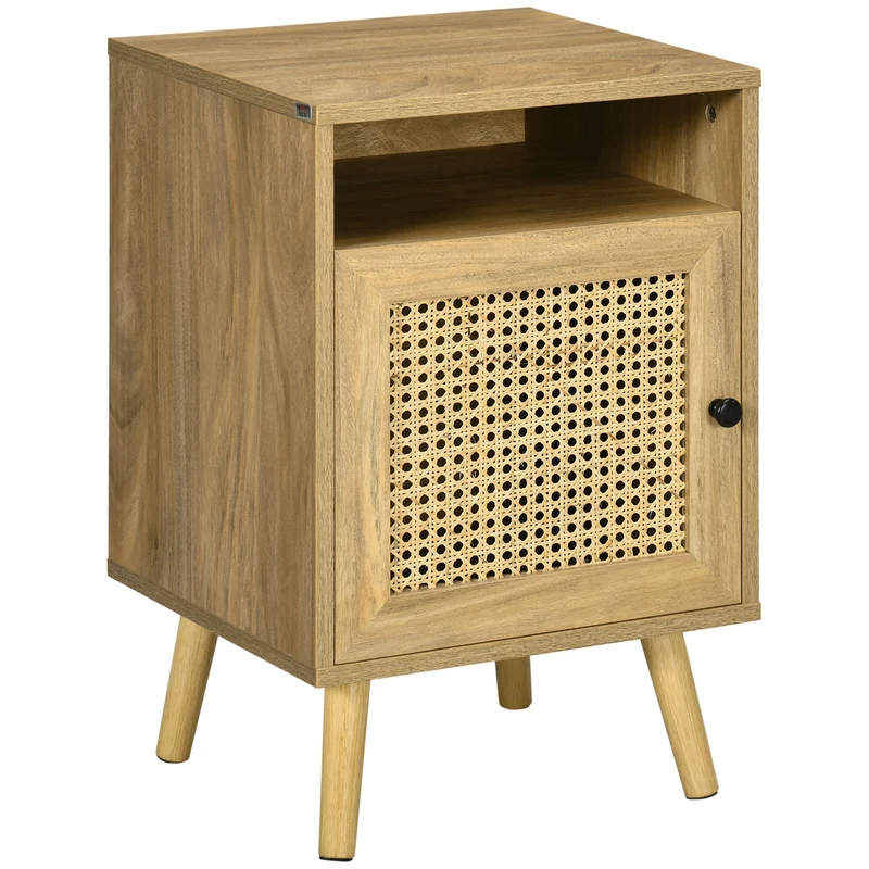 Comodino per Camera da Letto Stile Boho 39x35x60 cm con Armadietto e Ripiano Aperto in Legno e Rattan
