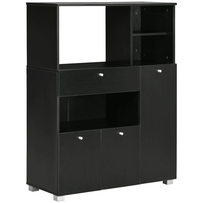 Credenza da Cucina 90x40x120 cm per Microonde con Armadietti Mensole e Cassetto in Legno Nero