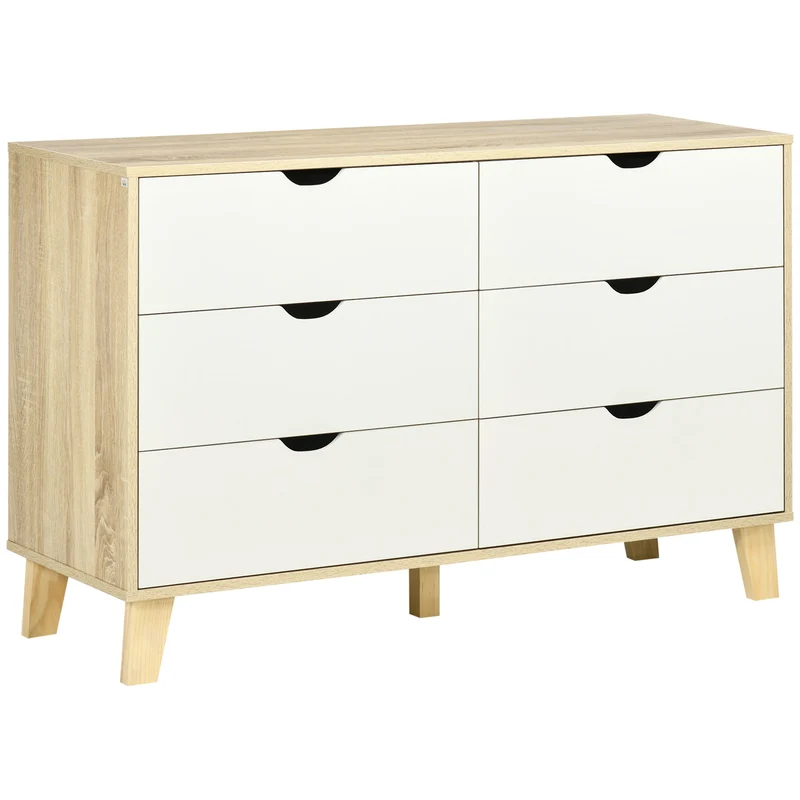Cassettiera 6 Cassetti 120x40x76 cm con Maniglie Intagliate in Legno Bianco e Rovere