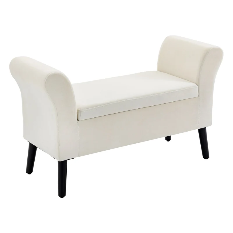 Panca Contenitore con Braccioli 111,5x41x65 cm in Tessuto Effetto Velluto e Legno Bianco Crema