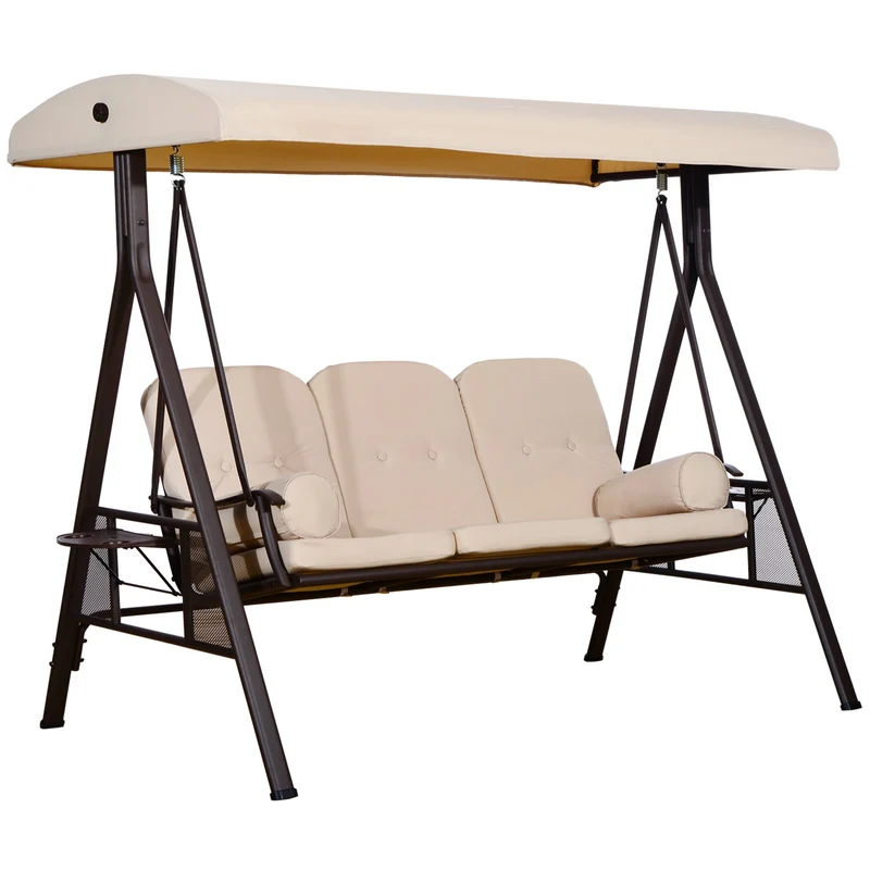 Dondolo da Giardino 3 Posti 208x121x172 cm Tetto Regolabile, Portabicchieri e Cuscini Beige