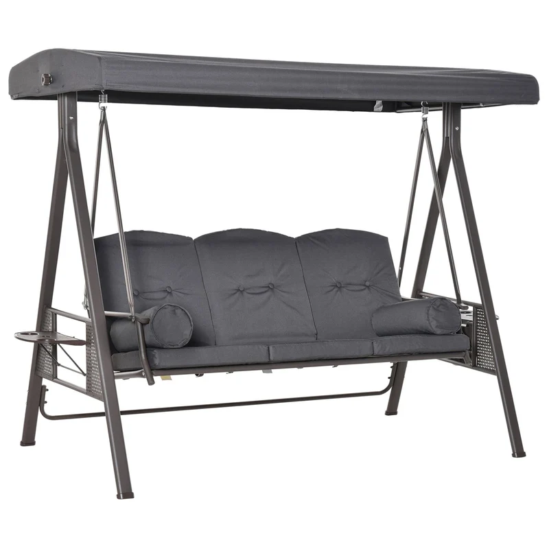 Dondolo da Giardino 3 Posti 208x120x172 cm Tetto Regolabile Portabicchieri e Cuscini Grigio
