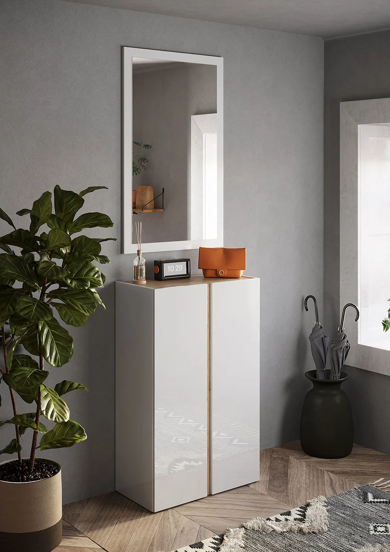 Mobile Multiuso 2 Ante con 5 Ripiani 70x35x111 cm Frame Bianco Lucido e Cadiz