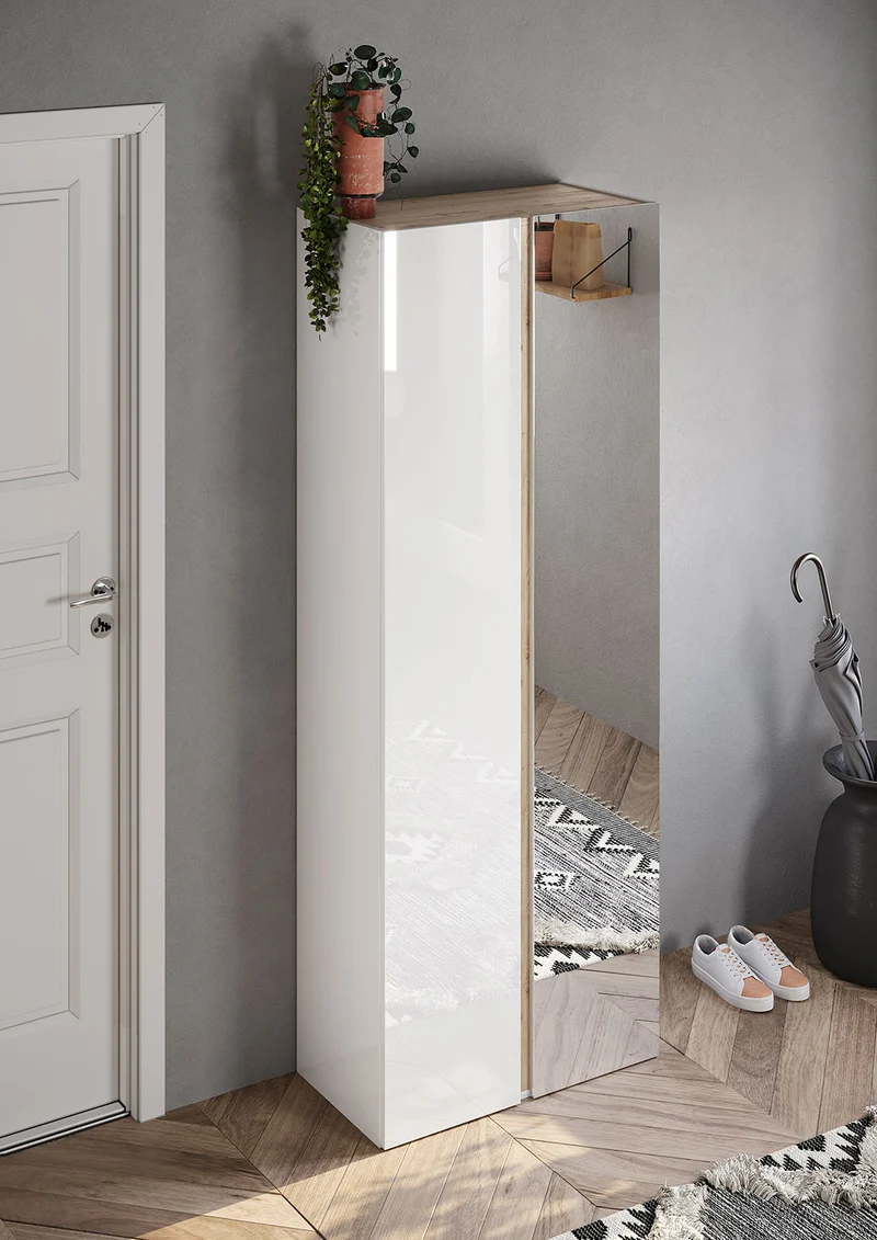 Armadio Guardaroba con Anta a Specchio e Ripiani 70x35x185 cm Frame Bianco Lucido e Cadiz