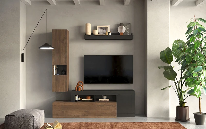 Parete Attrezzata Design Contemporaneo 181x35x195 cm Freedom Modello L 181 Lava e Noce Mercure