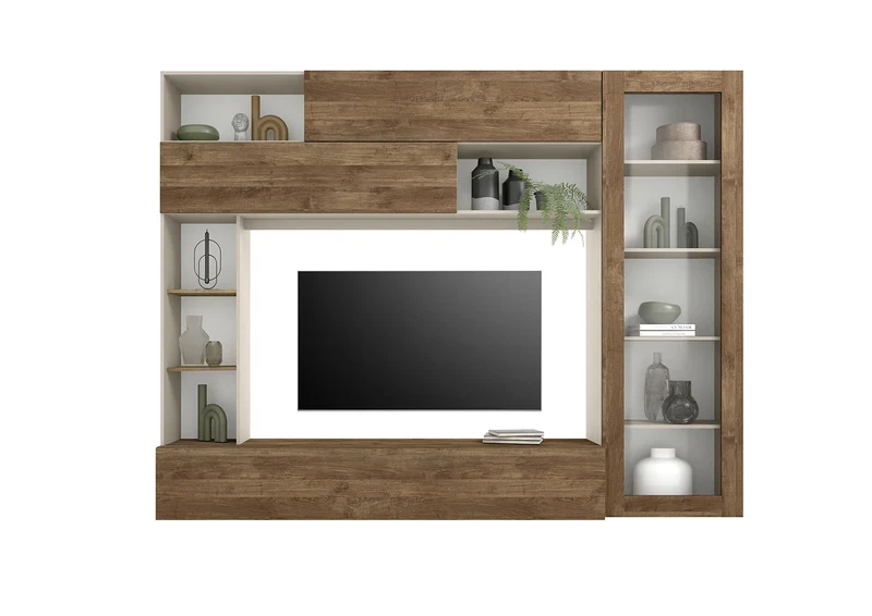 Parete Attrezzata Design Contemporaneo 277x40x210 cm con Anta Vetro Pratiko Cashmere e Noce Mercure