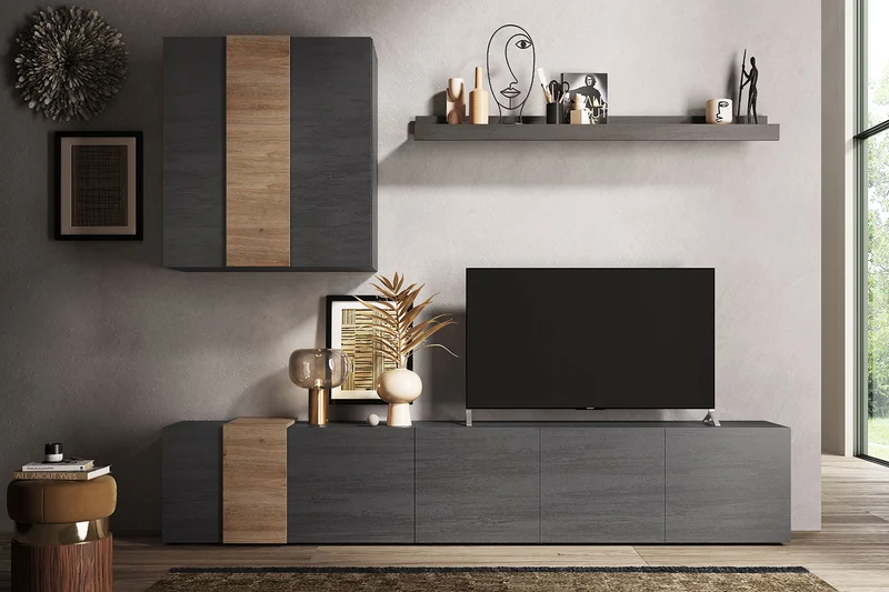 Parete Attrezzata Design Contemporaneo 301x44x195 cm Mobile TV e Pensile Titanio e Cadiz
